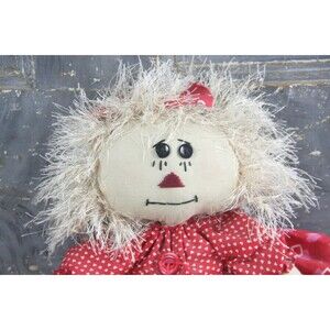 Vintage Plush Hand Sewn Fabric Rag Doll in red dress, button eyes, and wild hair